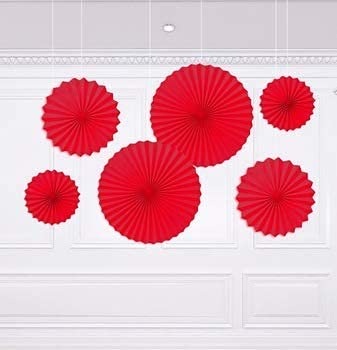 Red Hanging Paper Fans Decoration Set (Pack of 6)  (Size: 2X16 Inch, 2X12 Inch, 2X8 Inch)