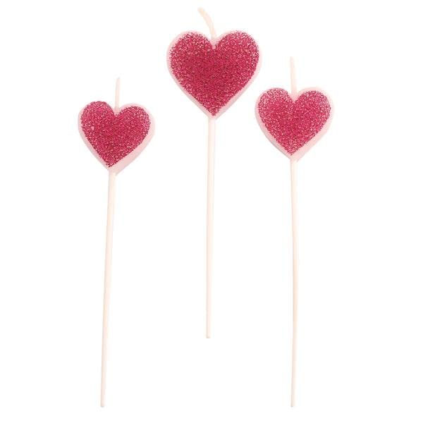 13 Cm Pink Glitter Heart Cake Candles (Pack of 3)