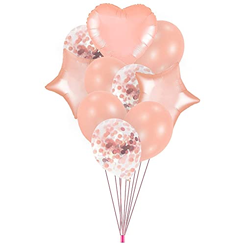 Rose Gold Confetti Balloons 10 Pcs Set. (4 Pc Metallic Balloons And 3 Pc Confetti Balloons ,1 Heart Foil Balloon And 2 Pc Star Balloon)