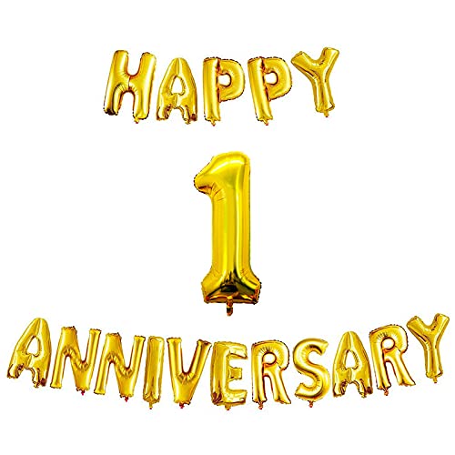 16 Inch 1st Happy Anniversary Alphabets & 32 Inch 1 Number Gold Foil Balloon