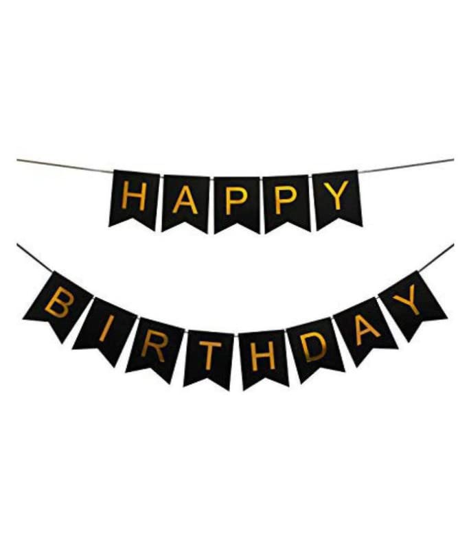 Black Happy Birthday Banner And Blue Metallic Balloons (Pack of 30)