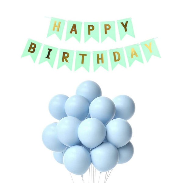 Pista Green Happy Birthday Banner And Pastel Blue Metallic Balloons (Pack of 30)