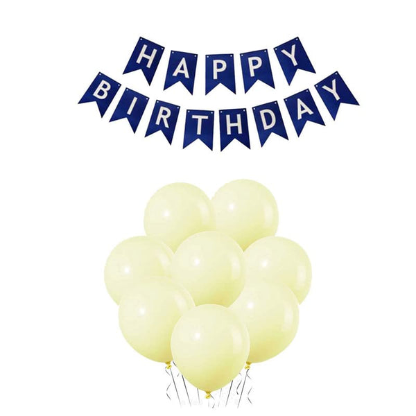 Dark Blue Happy Birthday Banner And Pastel Yellow Metallic Balloons (Pack of 30)