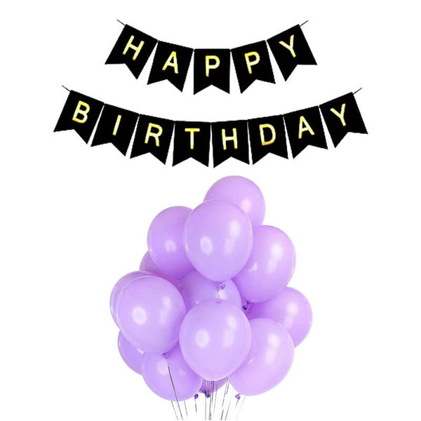 Black Happy Birthday Banner And Pastel Purple Metallic Balloons