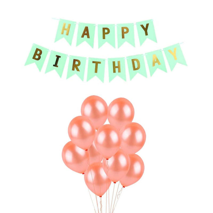 Pista Green Happy Birthday Banner And Rose Gold Metallic Balloons
