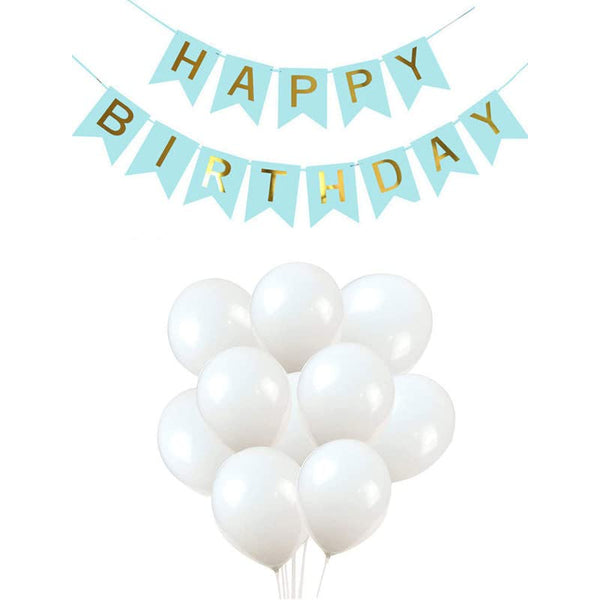 Light Blue Happy Birthday Banner And White Metallic Balloons (Pack of 30)