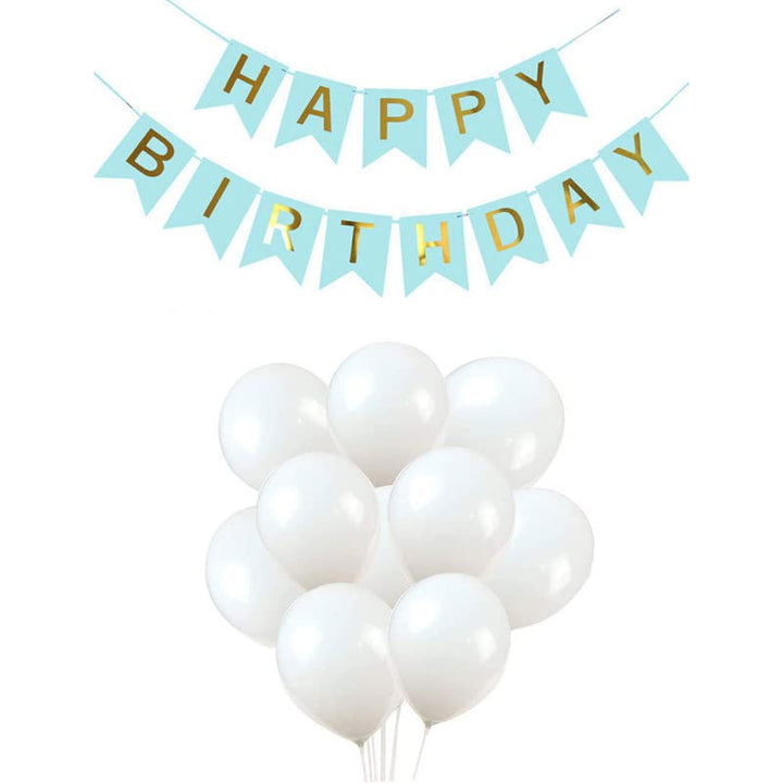 Light Blue Happy Birthday Banner And White Metallic Balloons (Pack of 30)