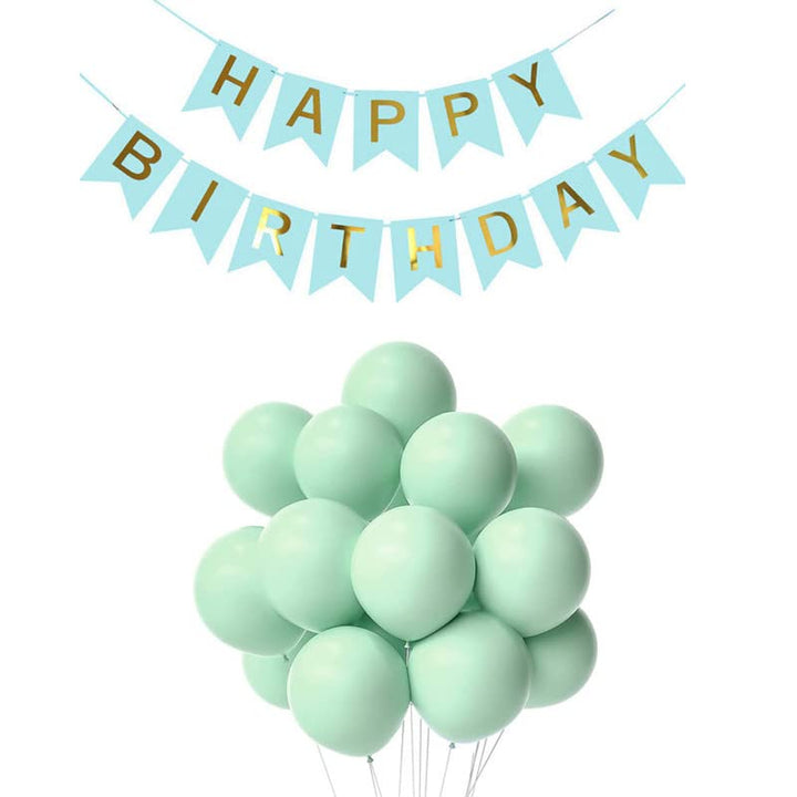 Light Blue Happy Birthday Banner And Pastel Green Metallic Balloons