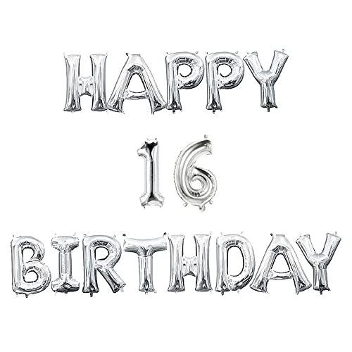 16 Inch 16th Happy Birthday Alphabets & 16 Inch 16 Number Silver Foil Balloon