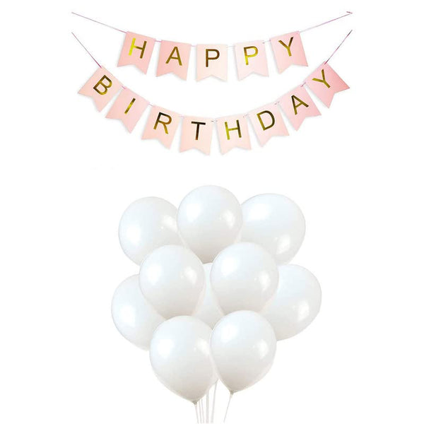 Pink Happy Birthday Banner And White Metallic Balloons (Pack of 30)