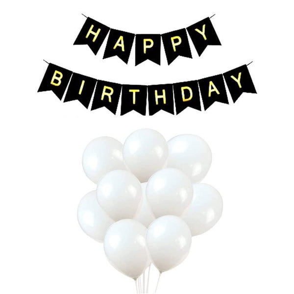 Black Happy Birthday Banner And White Metallic Balloons (Pack of 30)