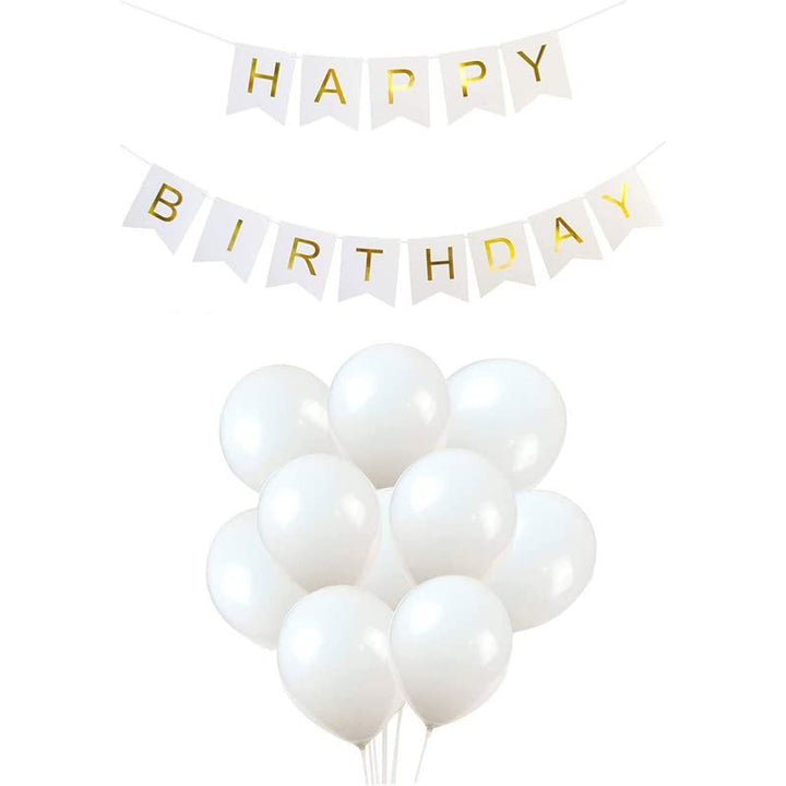 White Happy Birthday Banner And White Metallic Balloons