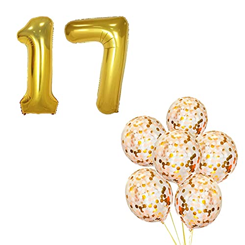 16 Inch Number 17  Gold Foil Balloon With Confetti Balloons