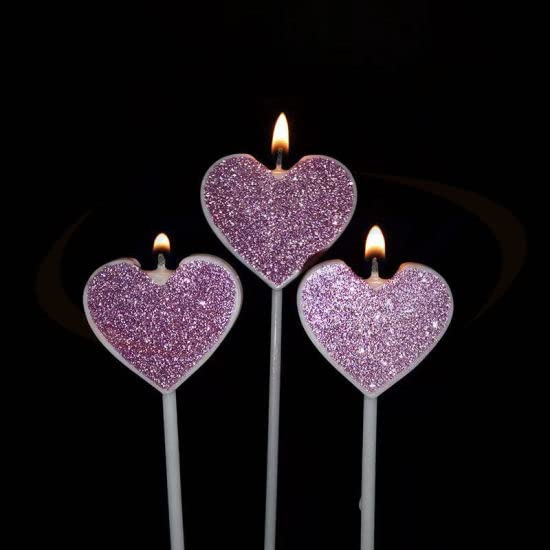 13 Cm Of Purple Glitter Heart Cake Candles (Pack of 3)