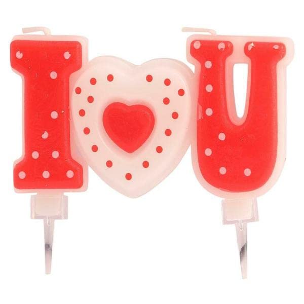 Red Color White Dotted I Love You Heart Shape Cake Topper Candle