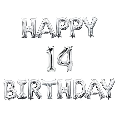16 Inch 14th Happy Birthday Alphabets & 16 Inch 14 Number Silver Foil Balloon