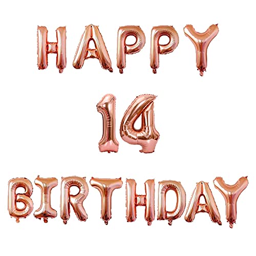16 Inch 14th Happy Birthday Alphabets & 16 Inch 14 Number Rosegold Foil Balloon