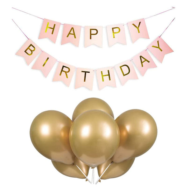 Pink Happy Birthday Banner And Gold Metallic Balloons (Pack of 50)