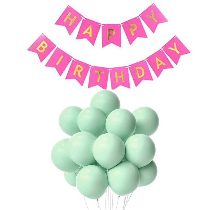 Dark Pink Happy Birthday Banner And Pastel Green Metallic Balloons