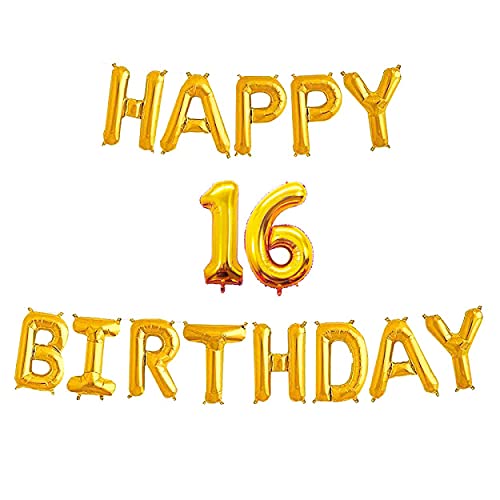 16 Inch 16th Happy Birthday Alphabets & 16 Inch 16 Number Gold Foil Balloon