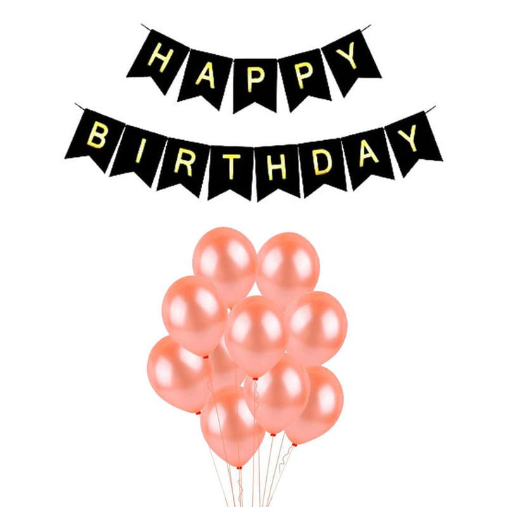 Black Happy Birthday Banner And Rose Gold Metallic Balloons (Pack of 50)