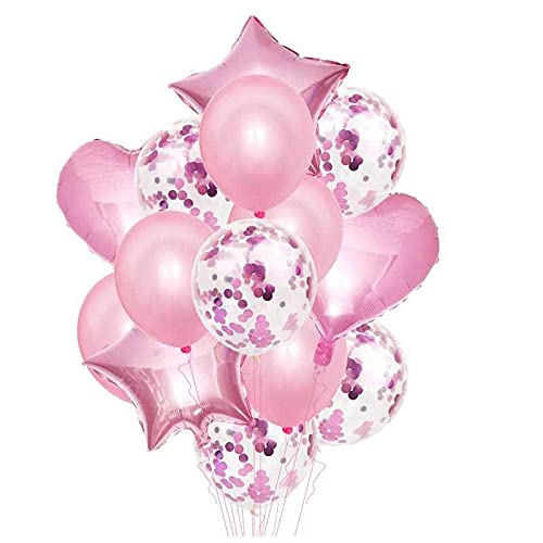 Baby Pink Confetti Balloons 10 Pcs Set. (4 Pc Metallic Balloons And 3 Pc Confetti Balloons ,1 Heart Foil Balloon And 2 Pc Star Balloon)