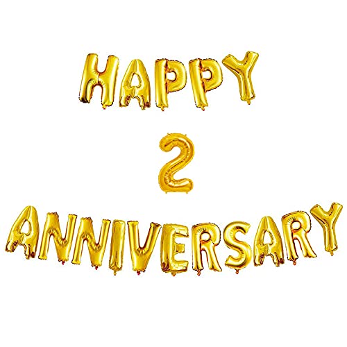 16 Inch 2nd Happy Anniversary Alphabets & 16 Inch 2 Number Gold Foil Balloon