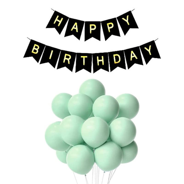 Black Happy Birthday Banner And Pastel Green Metallic Balloons