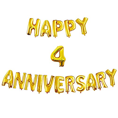 16 Inch 4th Happy Anniversary Alphabets & 16 Inch 4 Number Gold Foil Balloon