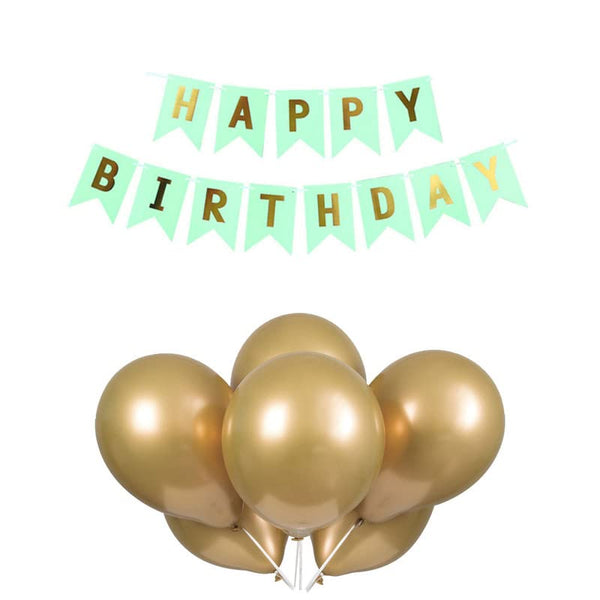 Pista Green Happy Birthday Banner And Gold Metallic Balloons