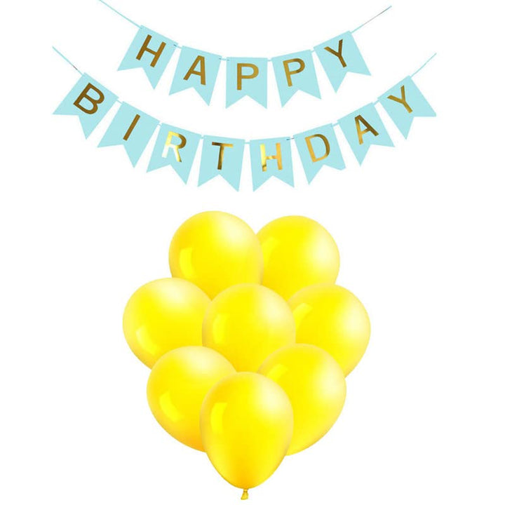Light Blue Happy Birthday Banner And Yellow Metallic Balloons (Pack of 50)