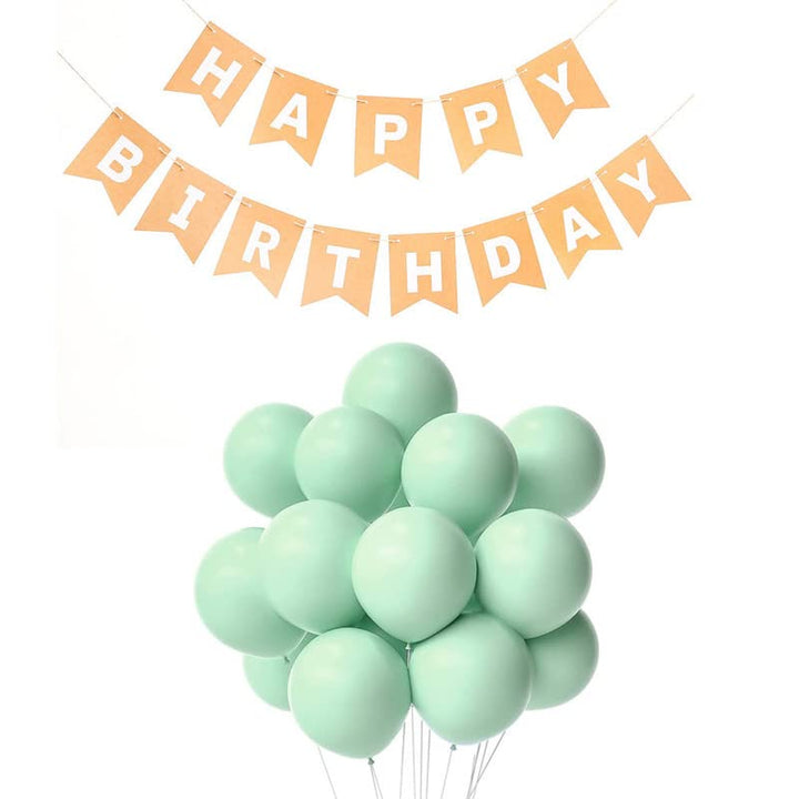 Peach Happy Birthday Banner And Pastel Green Metallic Balloons (Pack of 30)