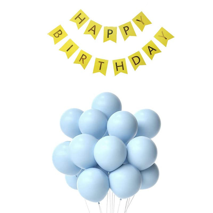 Yellow Happy Birthday Banner And Pastel Blue Metallic Balloons