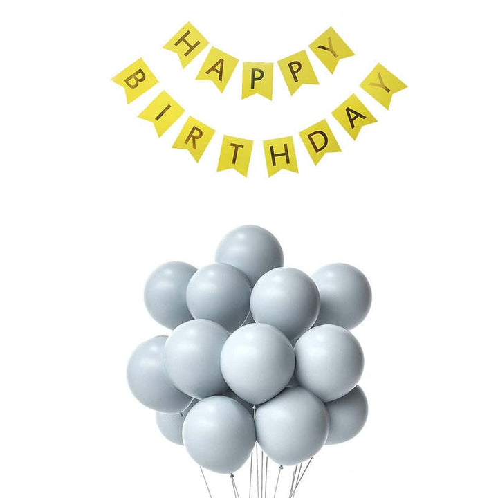 Yellow Happy Birthday Banner And Pastel Grey Metallic Balloons
