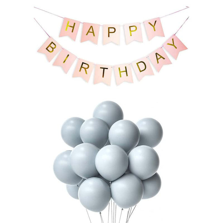 Pink Happy Birthday Banner And Pastel Grey Metallic Balloons
