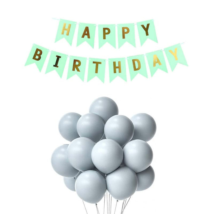 Pista Green Happy Birthday Banner And Pastel Grey Metallic Balloons (Pack of 50)