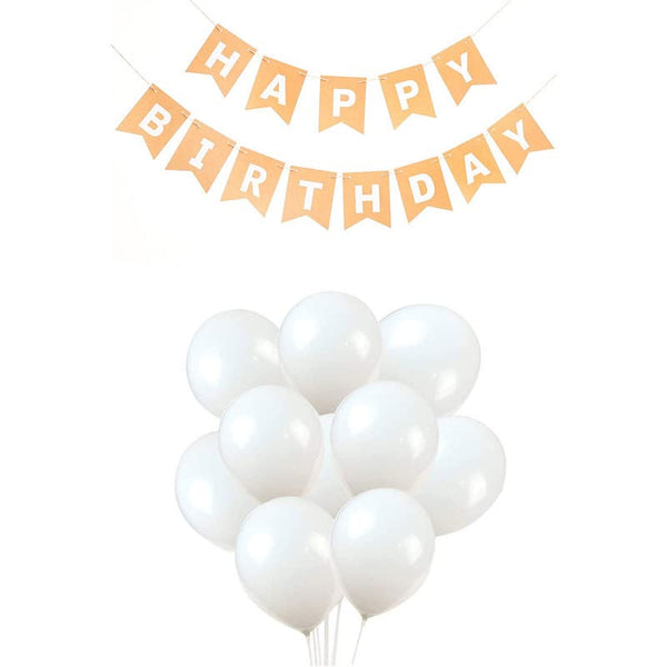 Peach Happy Birthday Banner And White Metallic Balloons (Pack of 30)