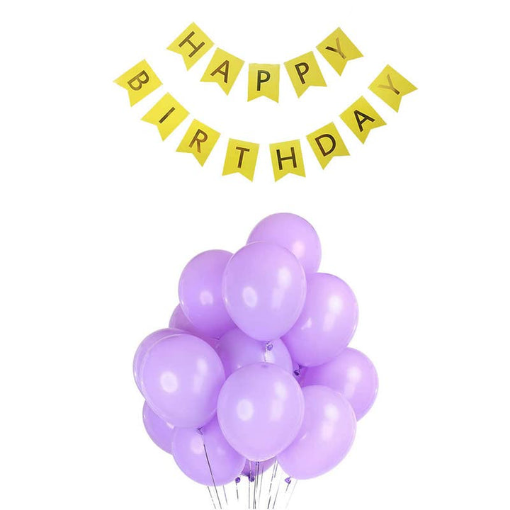 Yellow Happy Birthday Banner And Pastel Purple Metallic Balloons (Pack of 50)