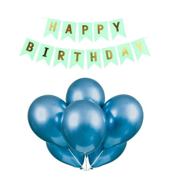 Pista Green Happy Birthday Banner And Blue Metallic Balloons