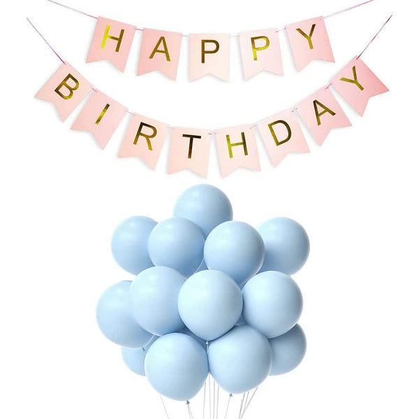 Pink Happy Birthday Banner And Pastel Blue Metallic Balloons (Pack of 30)