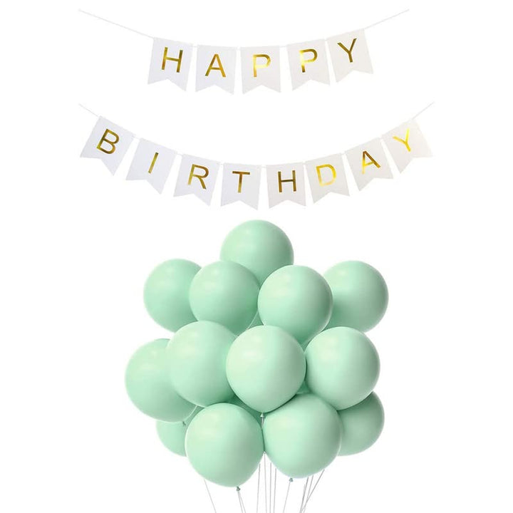 White Happy Birthday Banner And Pastel Green Metallic Balloons (Pack of 30)