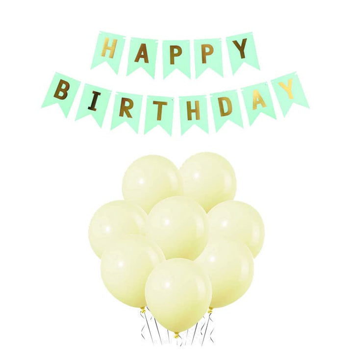 Pista Green Happy Birthday Banner And Pastel Yellow Metallic Balloons