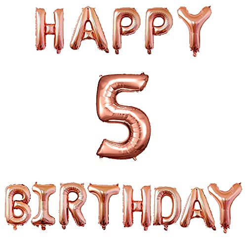 16 Inch 5th Happy Birthday Alphabets & 32 Inch 5 Number Rosegold Foil Balloon