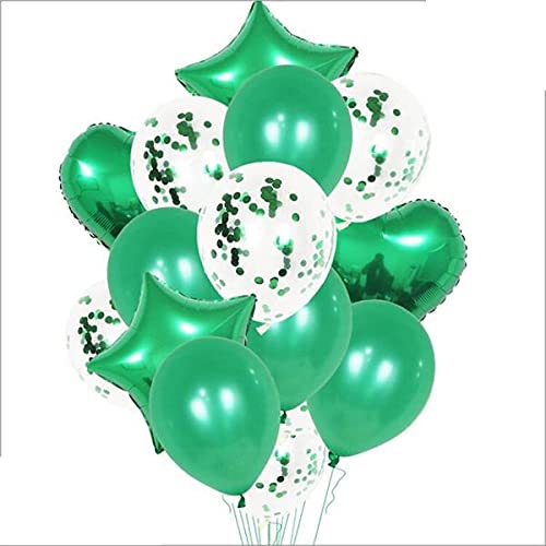 Green Confetti Balloons 10 Pcs Set. (4 Pc Metallic Balloons And 3 Pc Confetti Balloons ,1 Heart Foil Balloon And 2 Pc Star Balloon)