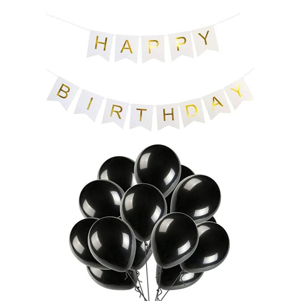 White Happy Birthday Banner And Black Metallic Balloons (Pack of 30)