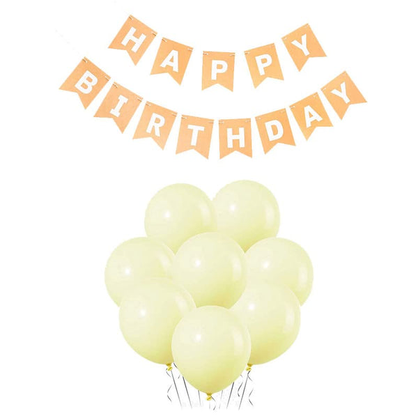 Peach Happy Birthday Banner And Pastel Yellow Metallic Balloons (Pack of 30)