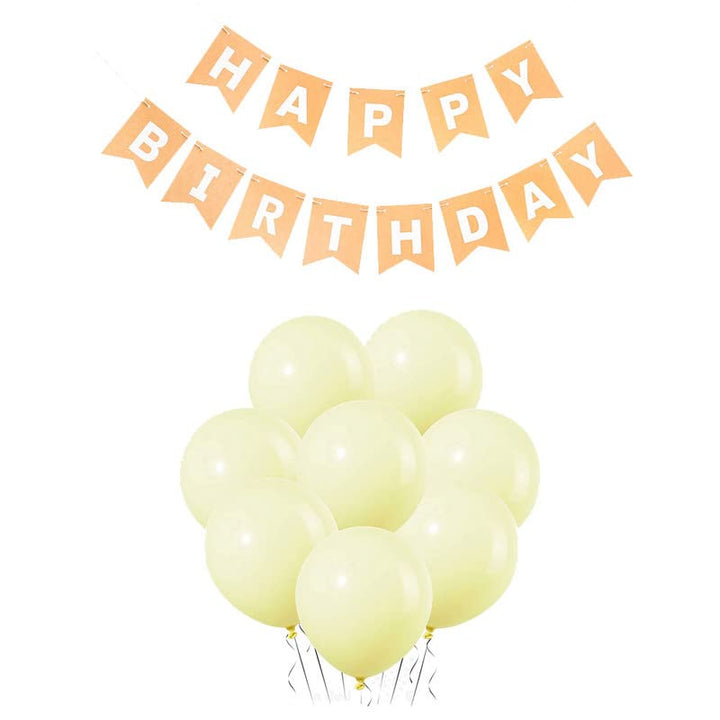 Peach Happy Birthday Banner And Pastel Yellow Metallic Balloons (Pack of 30)