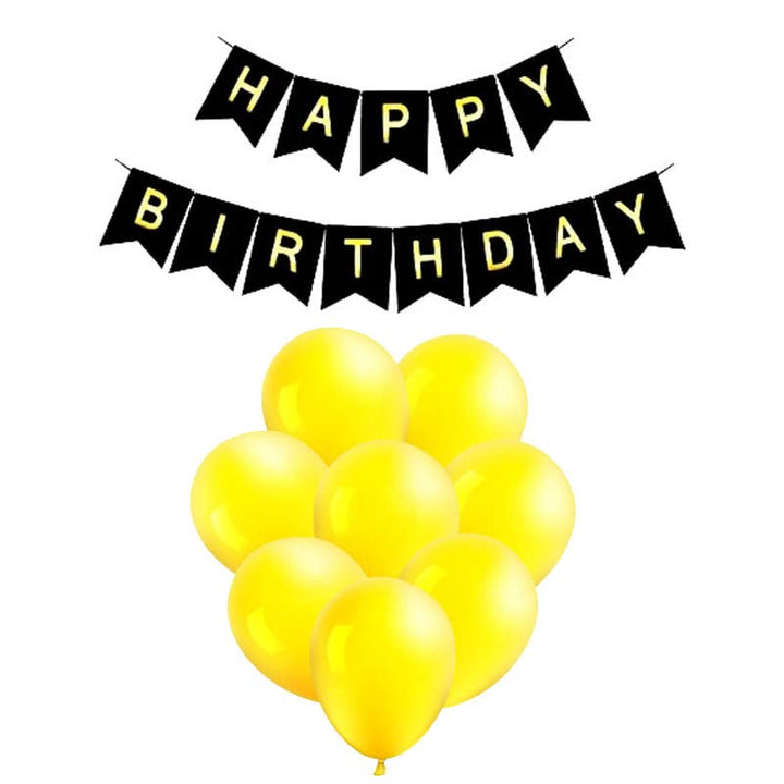Black Happy Birthday Banner And Yellow Metallic Balloons (Pack of 50)