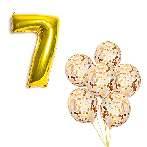 16 Inch Number 7  Gold Foil Balloon With 5 Pcs Confetti Balloons