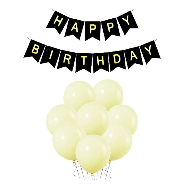 Black Happy Birthday Banner And Pastel Yellow Metallic Balloons (Pack of 30)